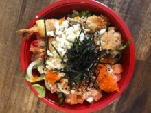Bowl with sushi, tempura, etc